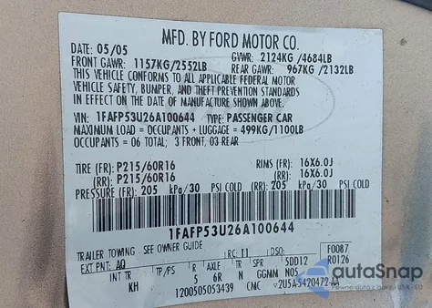 2006 Ford Taurus Se from USA, damaged, VIN 1FAFP53U26A100644